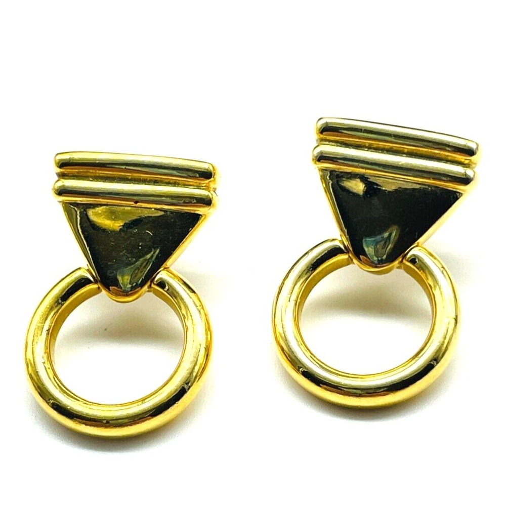 Signed Liz Claiborne LCI Earrings Gold Tone Door Knocker Clip On Geometric Vtg